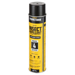 Angled front view of a yellow Sawyer Permethrin aerosol spray can showing 'Treats 4 Outfits' badge on white background