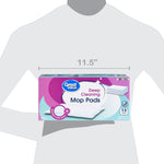 Scale image showing Great Value mop pads box held against a silhouette with a measurement of 11.5 inches