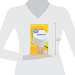 Silhouette scale graphic showing the boxed Great Value Duster Kit positioned at about 7.5 inches tall over a torso