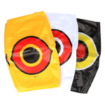 Three flat packed scare-eye balloon sleeves in yellow, white and black laid overlapping to show printed eye motifs.