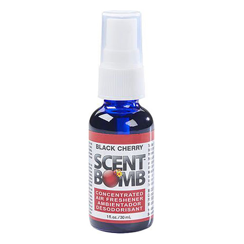 Small blue spray bottle labeled Scent Bomb Black Cherry concentrated air freshener on white background