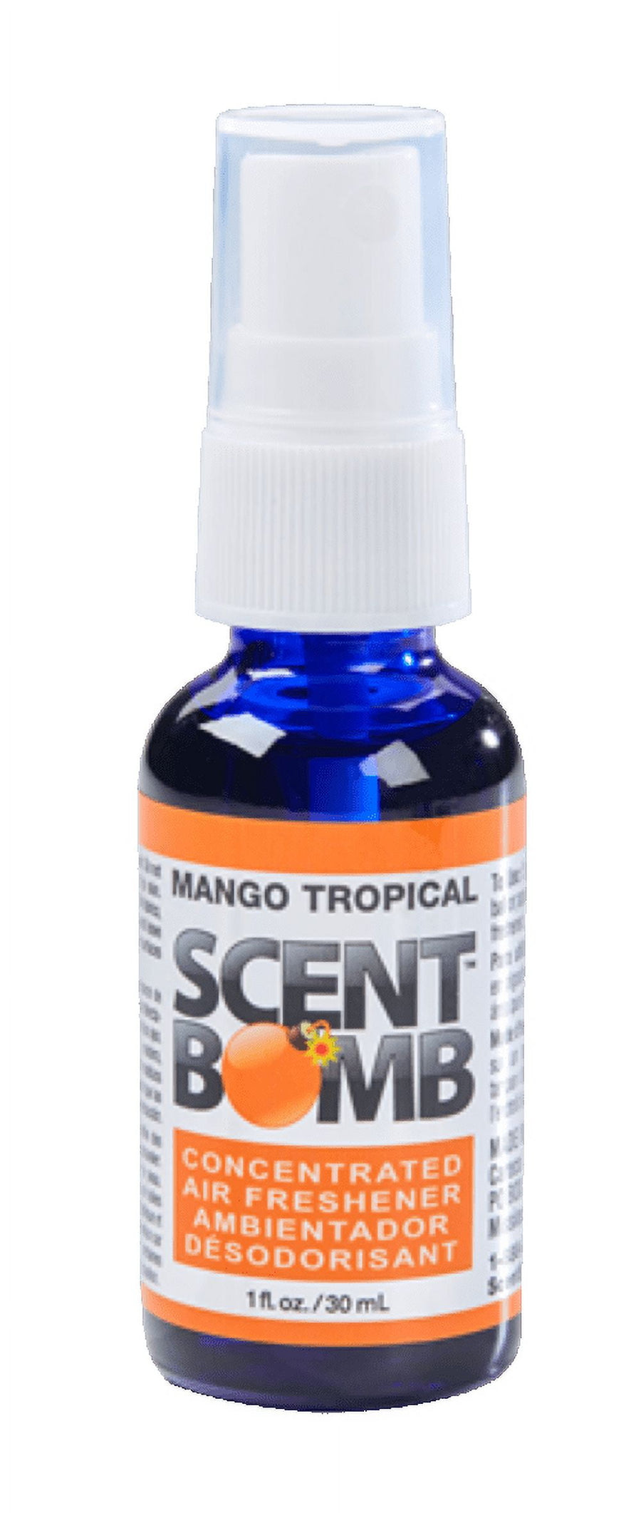 Close-up of a Scent Bomb Mango Tropical blue glass spray bottle with white pump and orange-accented label.