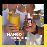 Lifestyle image of two people holding a mango drink and a Scent Bomb Mango Tropical spray bottle with branded graphic text overlay.
