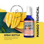Bright product graphic showing a Scent Bomb Mango Tropical spray bottle beside sliced mangoes and descriptive typography.