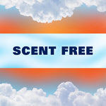 Graphic banner reading 'SCENT FREE' over a sky and cloud background on orange-themed packaging art