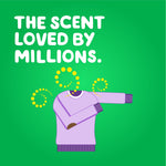 Green marketing panel reading “THE SCENT LOVED BY MILLIONS.” with stylized sweater and scent swirls