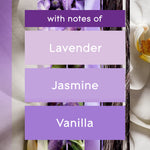 Graphic panel listing scent notes with lavender, jasmine, and vanilla text over floral background