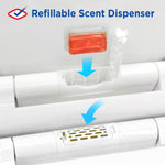 Illustration showing a rectangular scent pod being placed into a refillable scent dispenser built into a toilet hinge