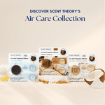 Promotional image showing three Scent Theory car vent diffuser packages from the Air Care Collection on a cream background