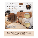 Scent Theory amber leather car vent fragrance diffuser pack showing clip and two refill pods on quilted car seat background