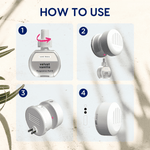 Illustrated four-step how-to guide showing removing cap, inserting refill, plugging in and intensity settings for diffuser