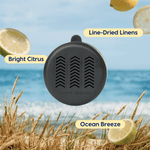 Floating black Scent Theory vent clip over a beach background with labels for scent notes like bright citrus and ocean breeze.