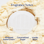 Close-up of a round Scent Theory diffuser set into whipped cream background with text 'Fragrance Notes' and vanilla-related notes.
