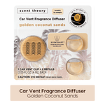 Packaged Scent Theory car vent fragrance diffuser with two refill pods and palm-tree background, golden coconut sands label