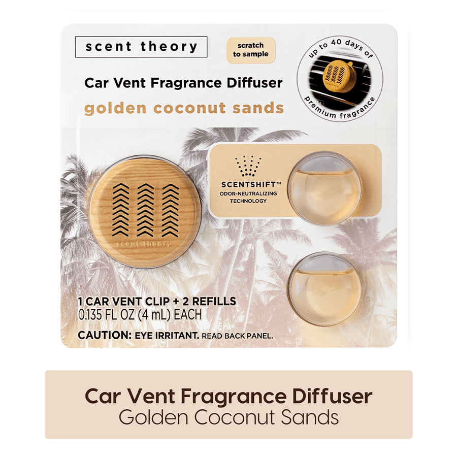 Packaged Scent Theory car vent fragrance diffuser with two refill pods and palm-tree background, golden coconut sands label
