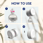 Four-panel illustrated instructions showing how to remove cap, insert refill, plug in and adjust scent intensity for the Scent Theory diffuser.