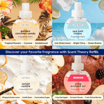 Grid collage of four Scent Theory refill bottles including velvet vanilla, golden coconut sands, sea salt linens and crisp orchard air with flavor tags.
