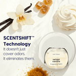 Scent Theory Velvet Vanilla refill in a plug-in diffuser with vanilla flower, whipped cream and sugar visuals and SCENTSHIFT text
