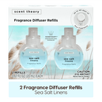 Packaged box showing two sea salt linens fragrance diffuser refill bottles with coastal artwork and product name