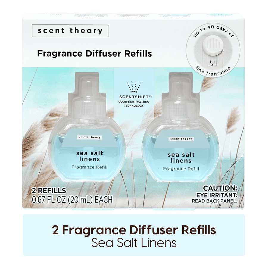 Packaged box showing two sea salt linens fragrance diffuser refill bottles with coastal artwork and product name