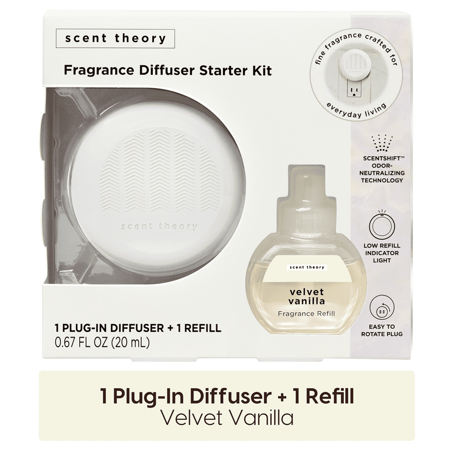 White Scent Theory plug-in diffuser starter kit box showing diffuser unit and velvet vanilla refill visible through packaging.