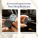 Two-panel instructional image showing inserting a refill pod into a black vent clip and clipping the diffuser onto a car air vent.
