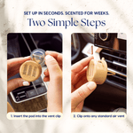 Two-step instructional images showing inserting a refill pod into a woodgrain vent clip and clipping it onto a car air vent