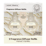 Packaged Scent Theory Velvet Vanilla fragrance diffuser refills shown in retail box with two refill bottles