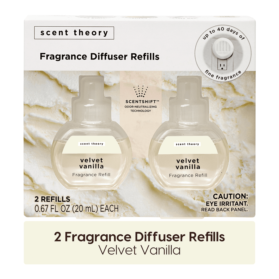 Packaged Scent Theory Velvet Vanilla fragrance diffuser refills shown in retail box with two refill bottles