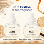 Two clear Scent Theory Velvet Vanilla fragrance refill bottles with vanilla and caramel ingredient visuals and product claims