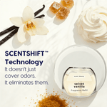 Top-down view of Scent Theory diffuser next to a velvet vanilla refill and vanilla-themed props with scentshift text