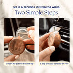 Two-panel instructional image showing inserting a refill pod and clipping the amber vent diffuser into a vent