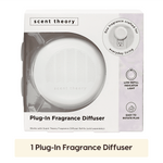 White Scent Theory plug-in fragrance diffuser in retail box with visible device window and product icons
