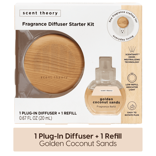 Packaged Scent Theory Fragrance Diffuser starter kit with wood-grain plug-in diffuser and golden coconut sands refill visible through window