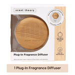 Packaged Scent Theory plug-in fragrance diffuser with wood finish visible through round window on white retail box