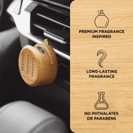 Woodgrain Scent Theory car vent diffuser clipped to a car vent with icons highlighting premium, long-lasting fragrance and no phthalates