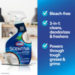 Lifestyle infographic showing a Clorox Scentiva bottle at left and checkmark benefits at right listing bleach-free and 3-in-1 cleaning claims.