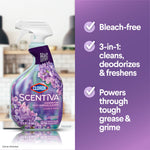 Clorox Scentiva spray bottle in a kitchen scene plus purple panel listing features like bleach-free and 3-in-1 cleaning benefits