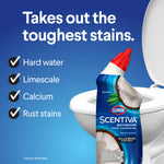 Clorox Scentiva bottle placed near a toilet bowl with checklist text claiming it removes hard water, limescale and rust