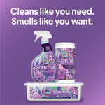 Clorox Scentiva lavender & jasmine product family including spray bottle, wipes canister, and refill tray on purple background