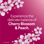 Pink promotional panel with cherry blossom flowers and text promoting the Cherry Blossom & Peach scent experience