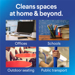 Blue infographic titled 'Cleans spaces at home & beyond' with photos labeled Offices, Schools, Outdoor seating, and Public transport.