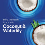 Close-up marketing image of two halved coconuts over blue concentric water ripples with Coconut & Waterlily text.