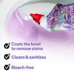 Close-up of Clorox Scentiva toilet gel being poured into a toilet bowl with purple-tinted cleaning gel and feature checkmarks