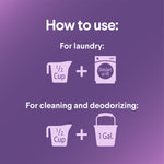 Usage instructions graphic on purple background showing laundry and cleaning icons with measurements for dilution and laundry use.