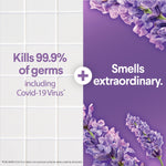 Graphic panel showing tiled surface and purple floral art with text claiming kills 99.9% of germs including Covid-19 virus