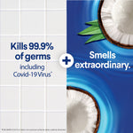 Graphic split between tile surface and coconut artwork reading 'Kills 99.9% of germs including Covid-19 Virus' and 'Smells extraordinary.'