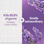 Split graphic with tiled surface on left and lavender flowers on right promoting kills 99.9% of germs including COVID-19