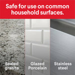 Graphic panel illustrating common household surfaces - sealed granite, glazed porcelain, stainless steel - safe for use