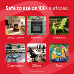 Graphic grid showing rooms and items safe for cleaning with Clorox Scentiva, labeled 'Safe to use on 100+ surfaces'